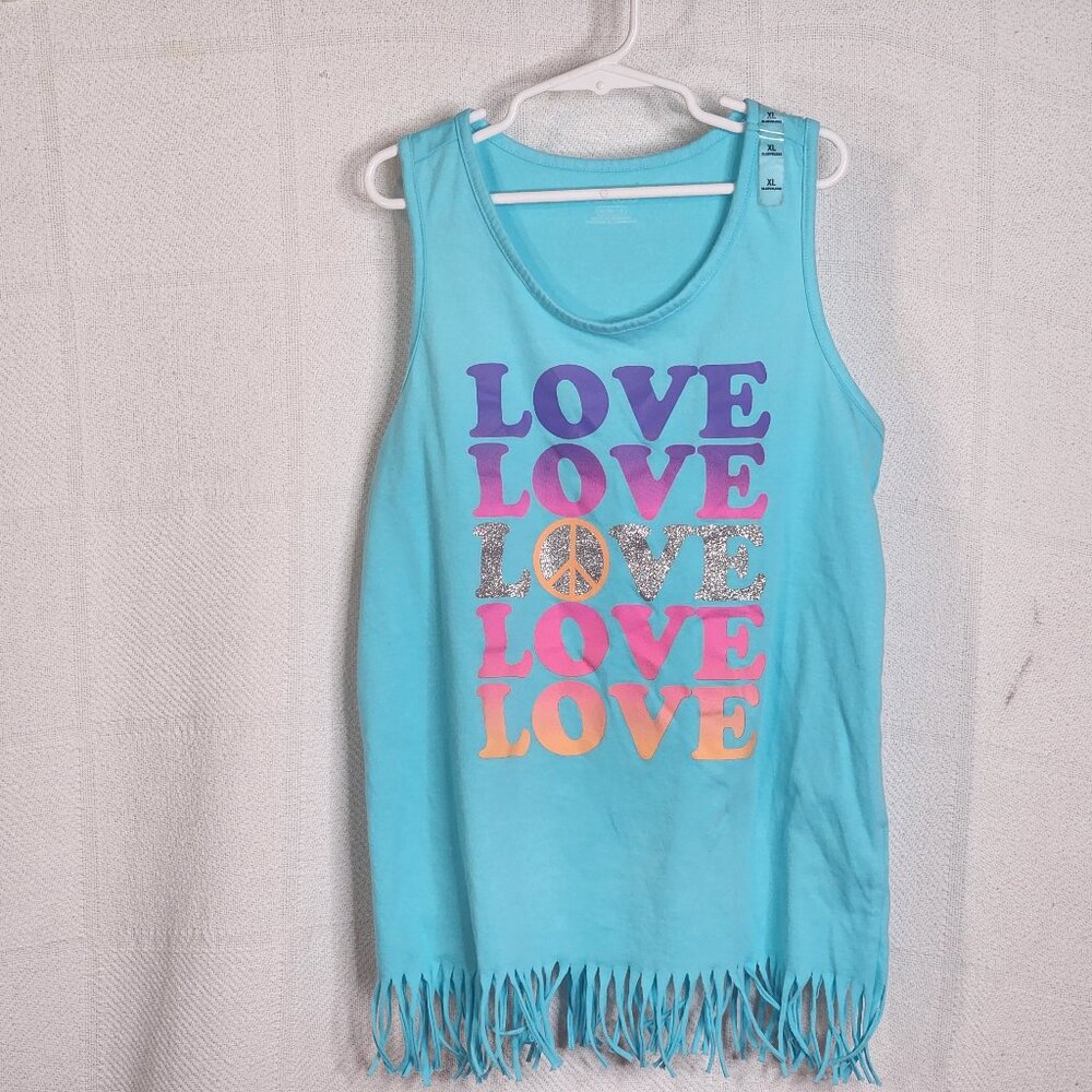 The Children's Place Blue Radiance Love Fringe Graphic Sleeveless Tank Top Sz XL